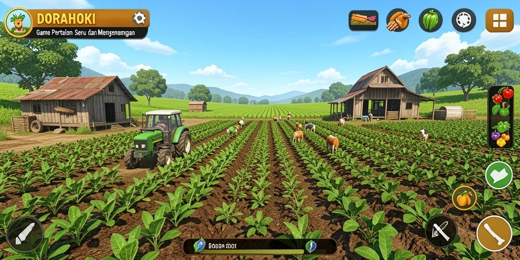 Tampilan gameplay DORAHOKI dengan pertanian yang subur.