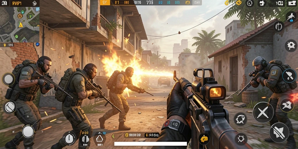 Screenshot gameplay RPVIP1 menunjukkan aksi tembak-menembak yang mendebarkan.
