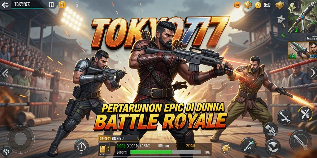 Tampilan aksi seru dalam gameplay Battle Royale TOKYO77.