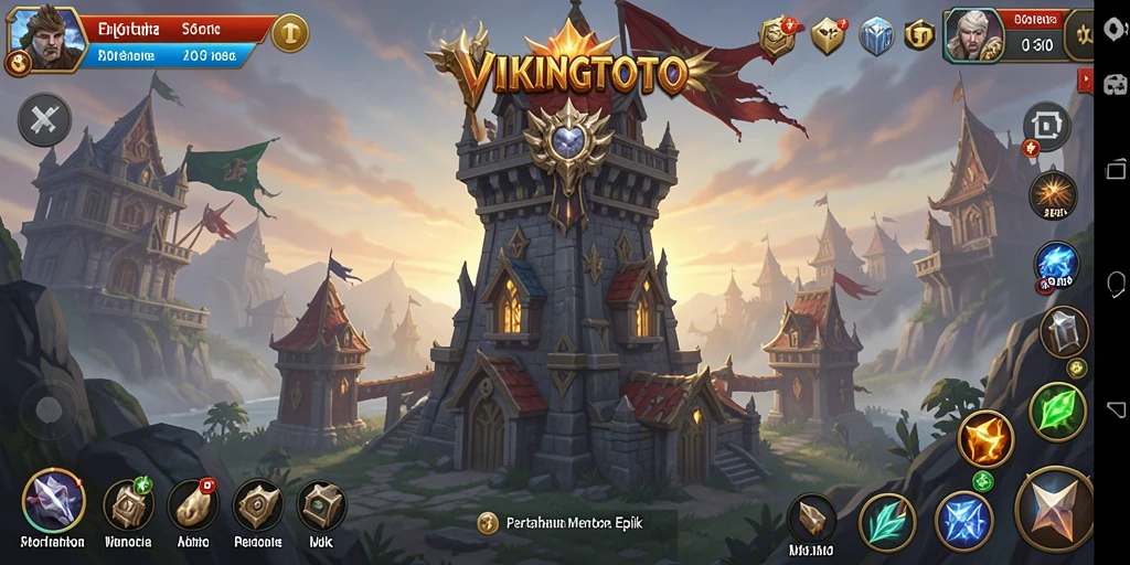 Screenshot gameplay VIKINGTOTO dengan menara pertahanan yang ditampilkan.
